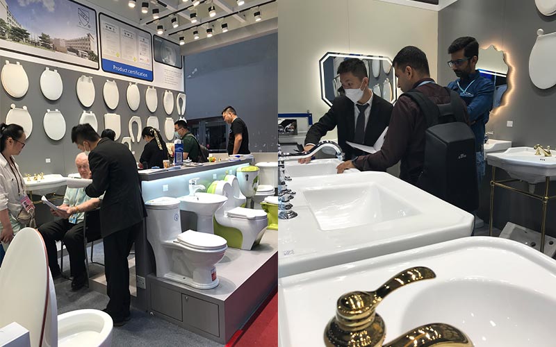 Sales from Meilong Ceramics Company are chatting with customers