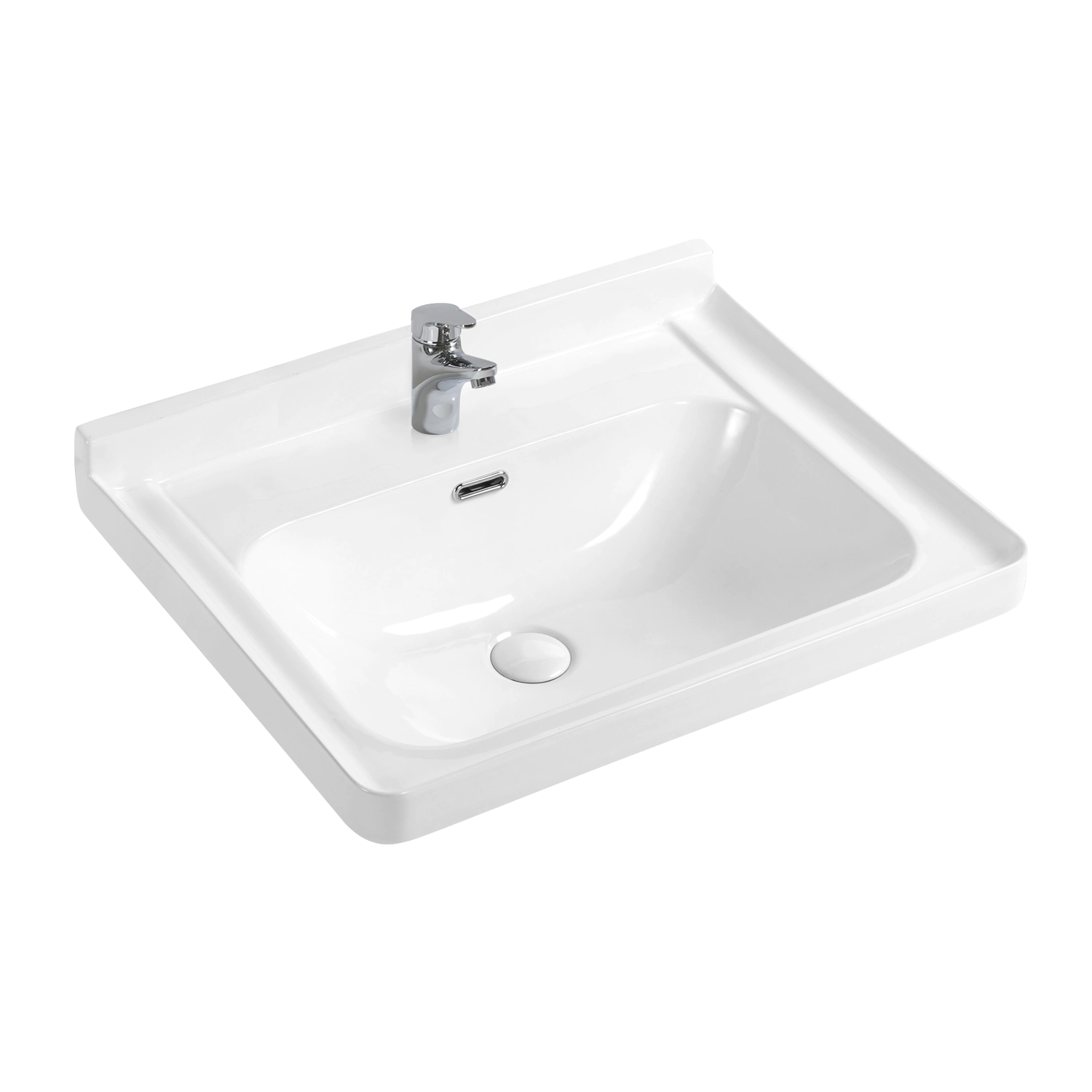 White 24 inches vanity top with sink in rectangular, porcelain 61 cm inset basin with overflow, faucet hole and backsplash