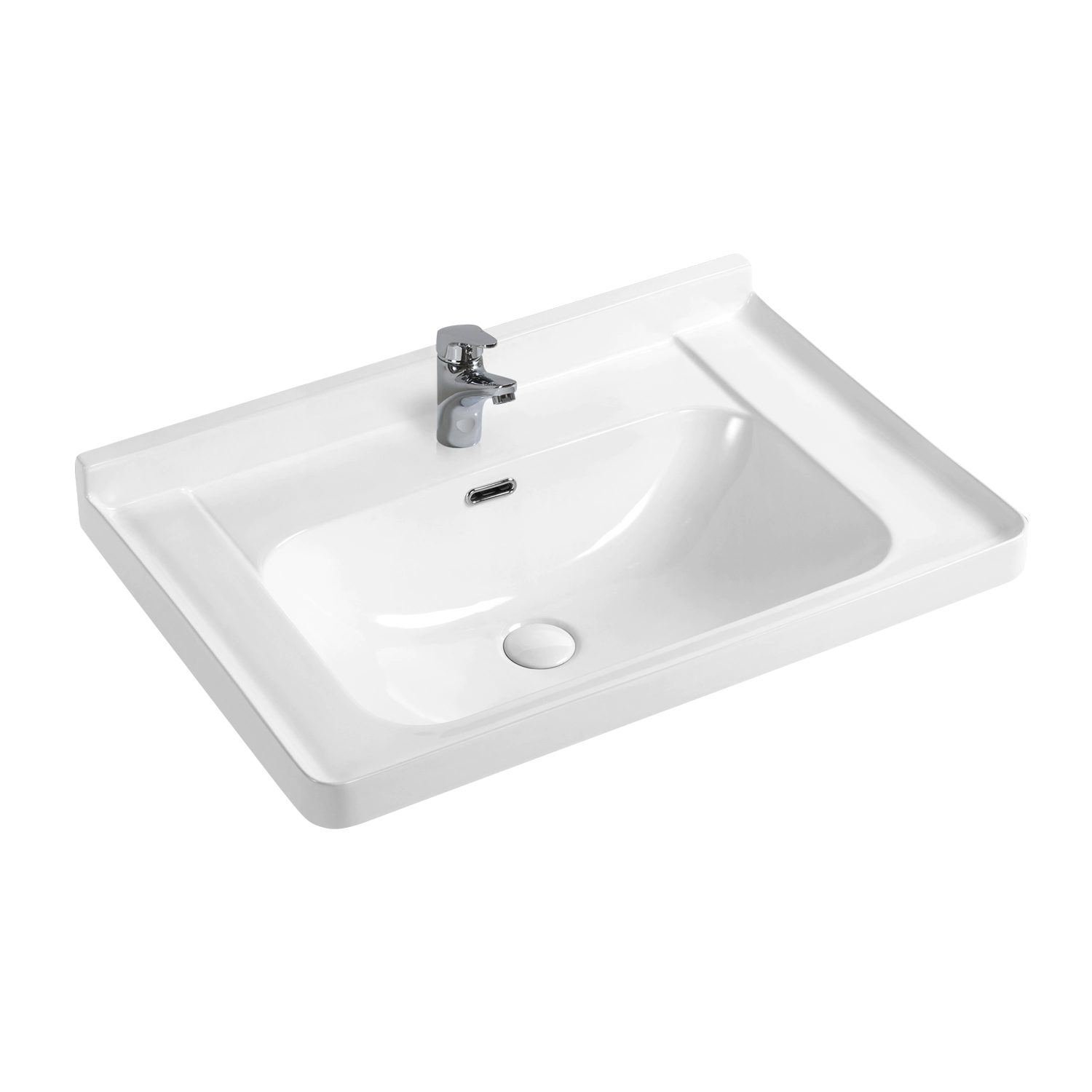 White rectangular 28 inches vanity top with sink in porcelain, ceramic 71 cm inset basin with overflow, faucet hole and backsplash